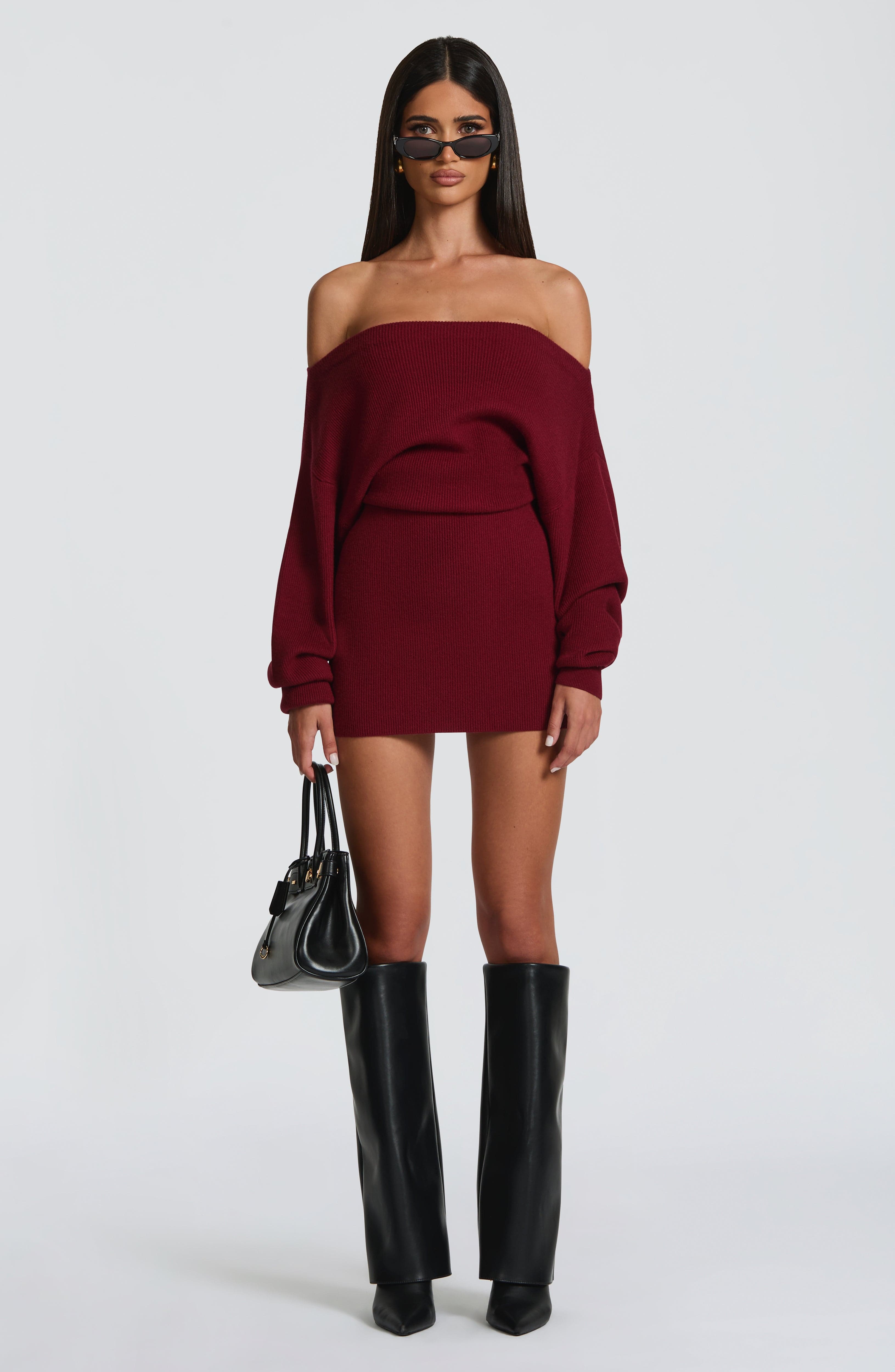 Women's Bardot Knit Mini Dress with Long Sleeves and Bodycon Fit - 7