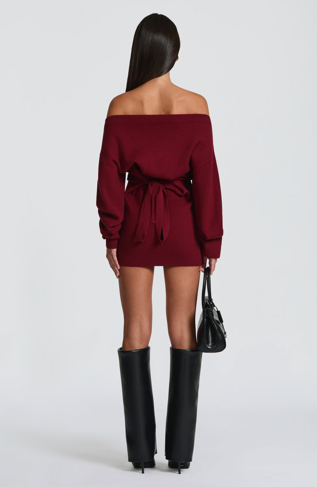 Women's Bardot Knit Mini Dress with Long Sleeves and Bodycon Fit - 5