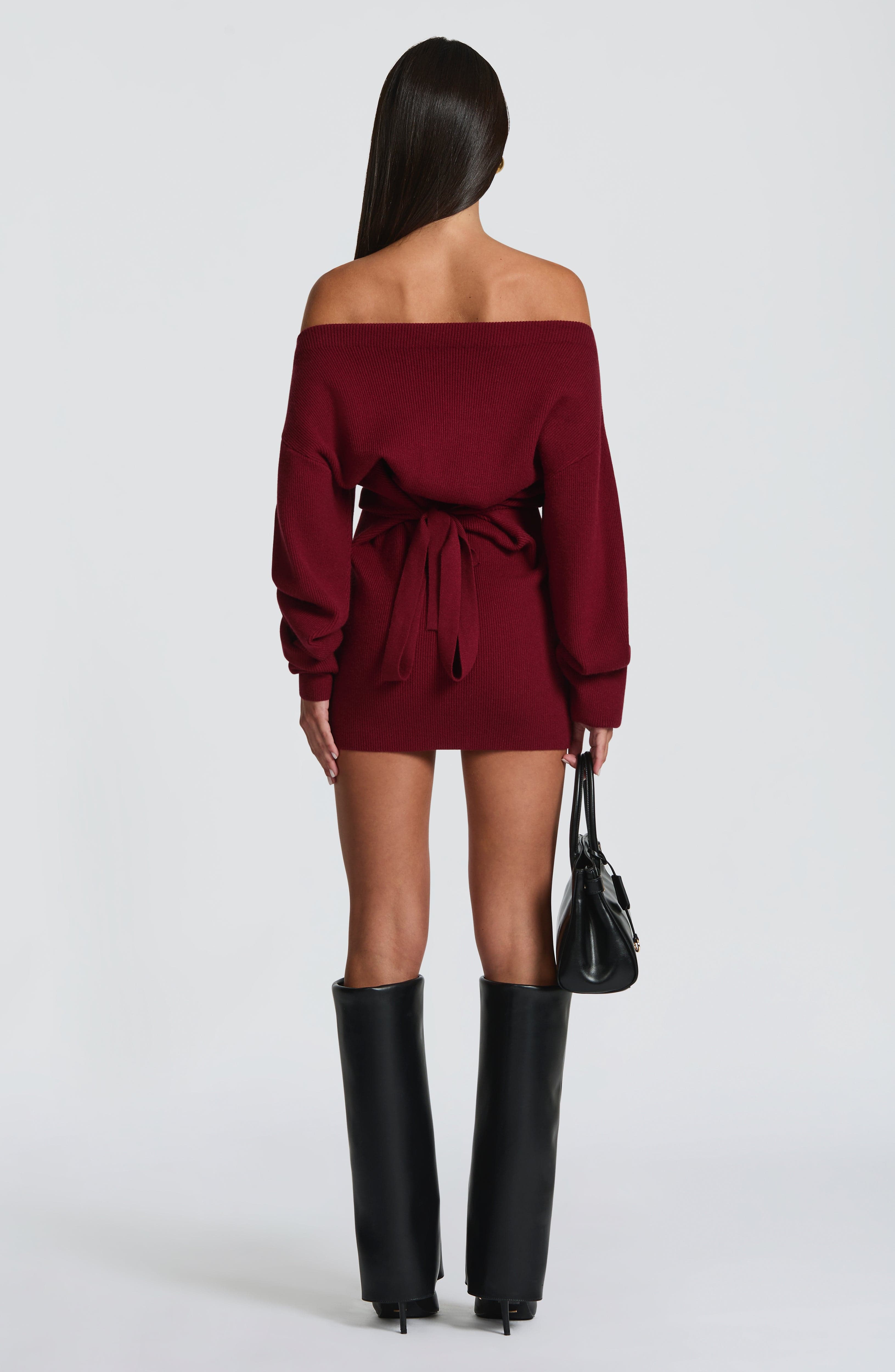 Women's Bardot Knit Mini Dress with Long Sleeves and Bodycon Fit - 5
