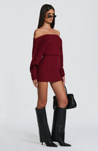 Women's Bardot Knit Mini Dress with Long Sleeves and Bodycon Fit - 6