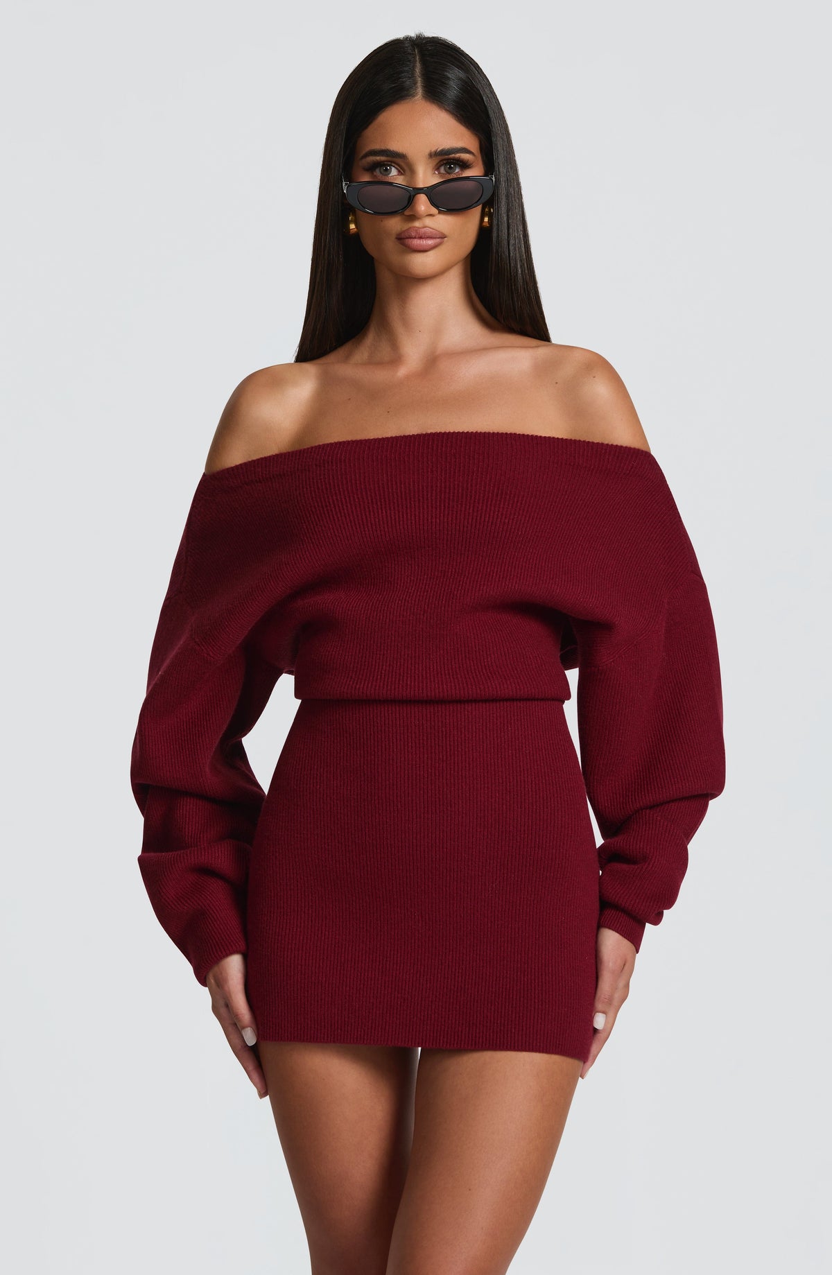 Women's Bardot Knit Mini Dress with Long Sleeves and Bodycon Fit - 2