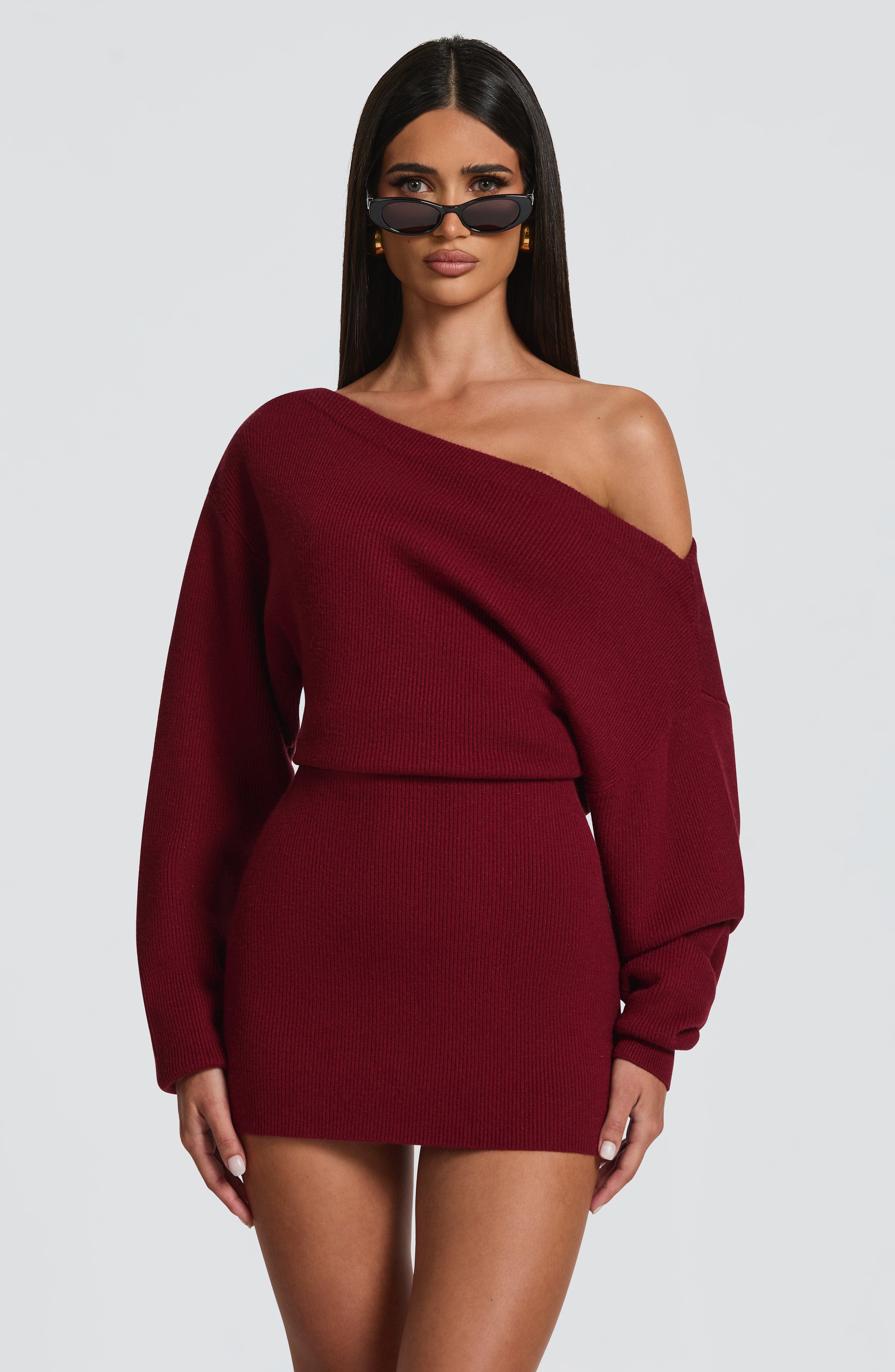 Women's Bardot Knit Mini Dress with Long Sleeves and Bodycon Fit - 3