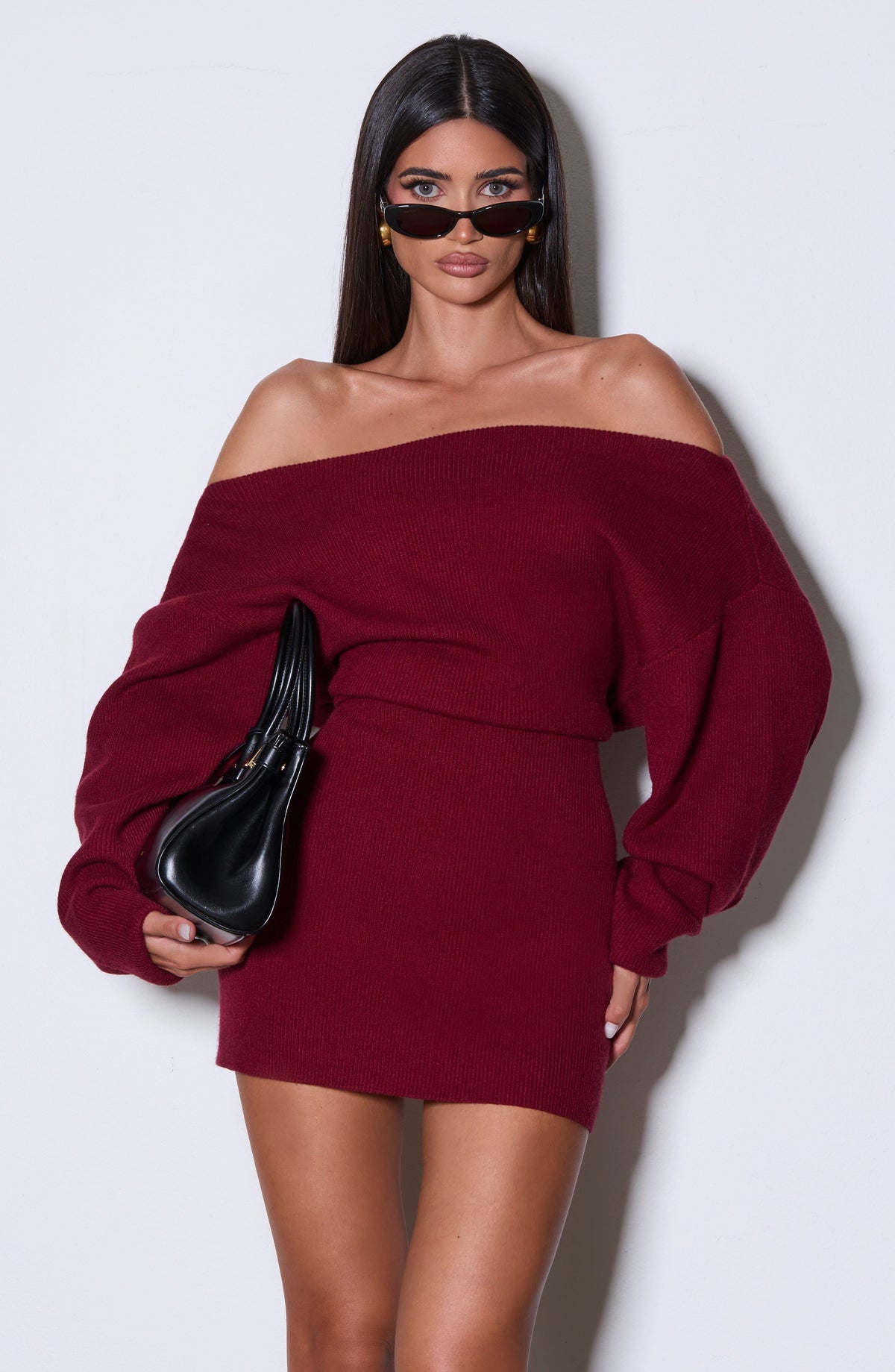 Women's Bardot Knit Mini Dress with Long Sleeves and Bodycon Fit - 8