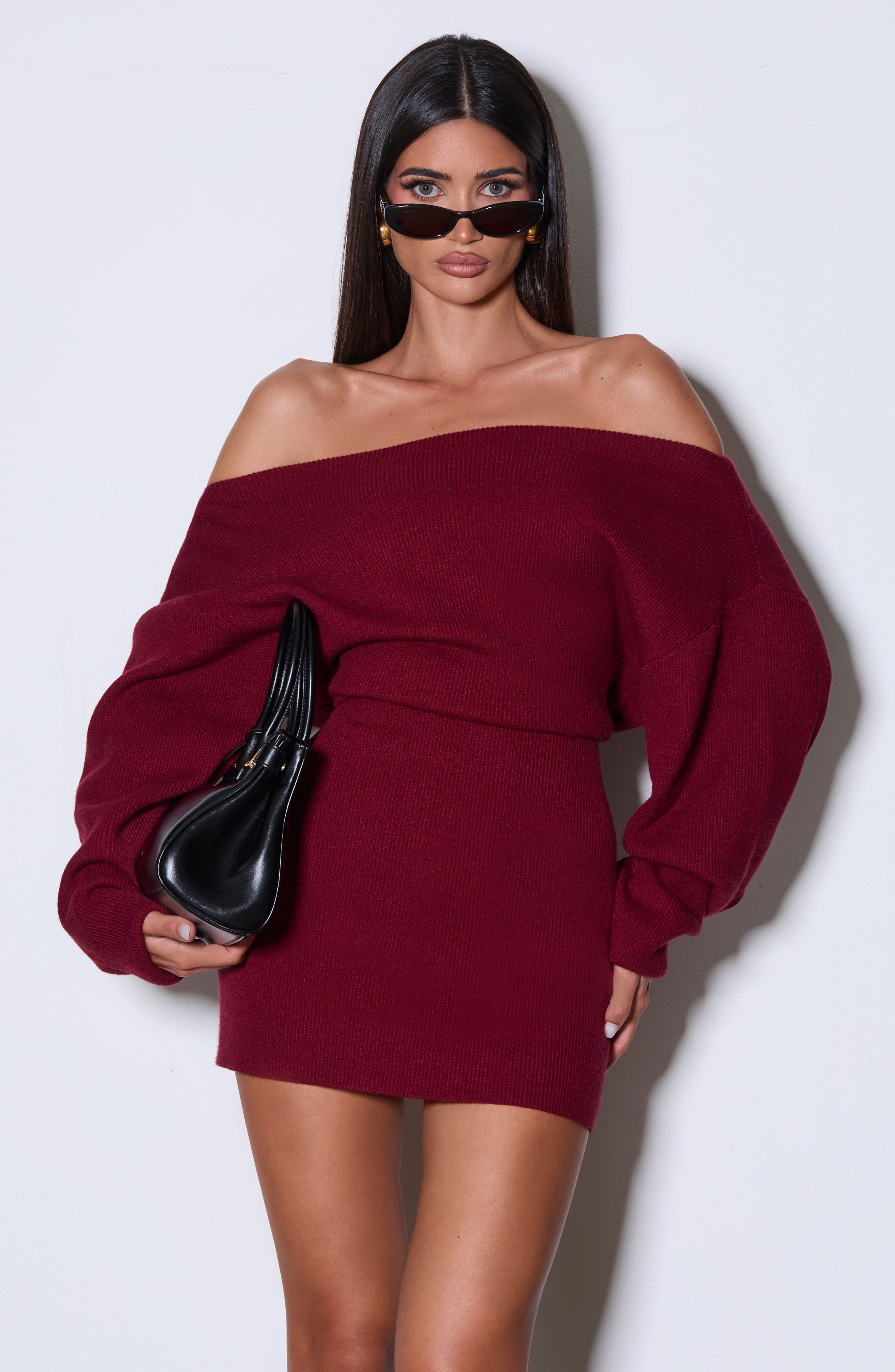 Women's Bardot Knit Mini Dress with Long Sleeves and Bodycon Fit - 8