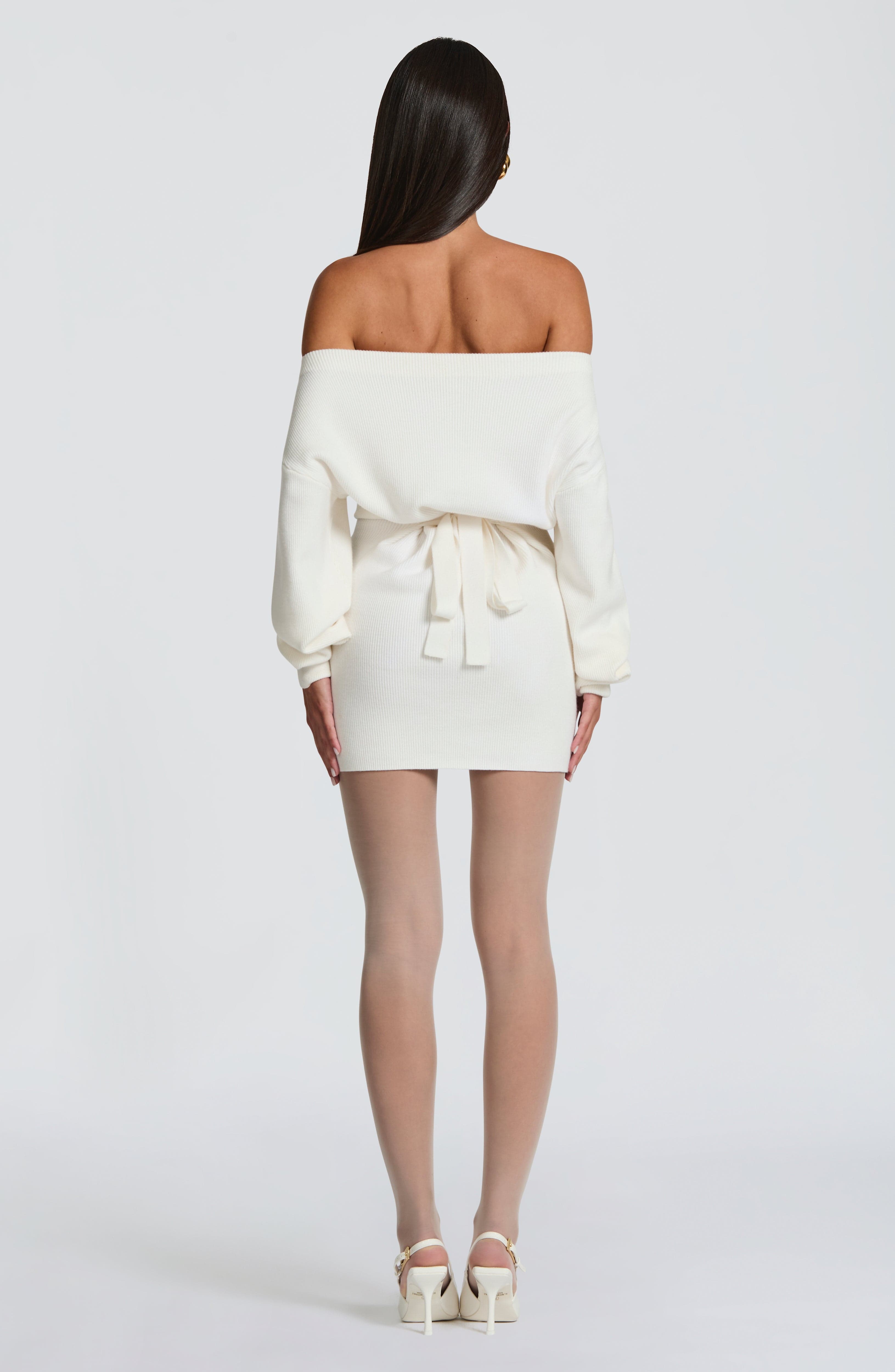 Women's Bardot Knit Mini Dress with Balloon Sleeves - 6