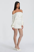 Women's Bardot Knit Mini Dress with Balloon Sleeves - 5
