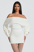 Women's Bardot Knit Mini Dress with Balloon Sleeves - 2