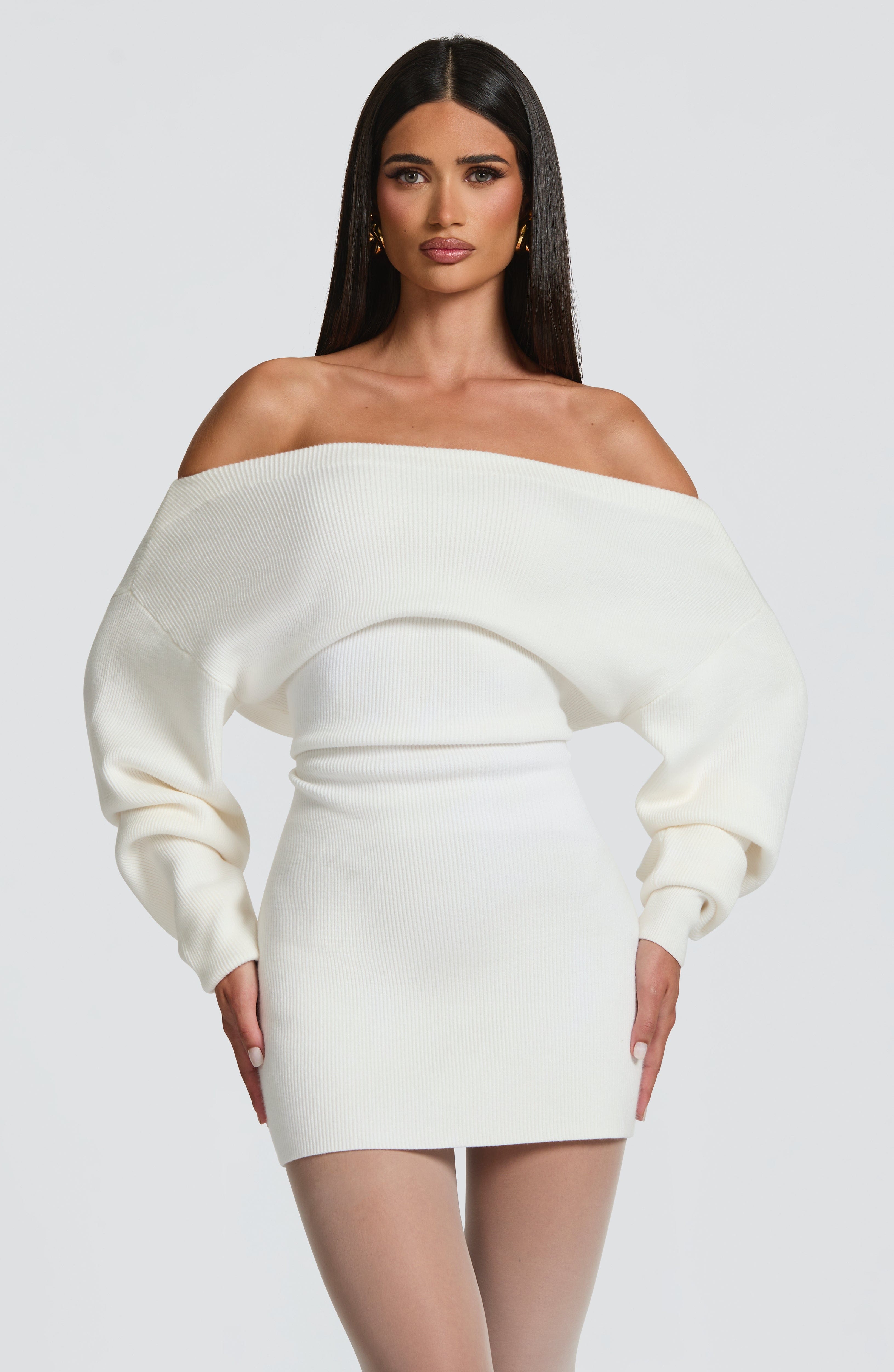 Women's Bardot Knit Mini Dress with Balloon Sleeves - 2