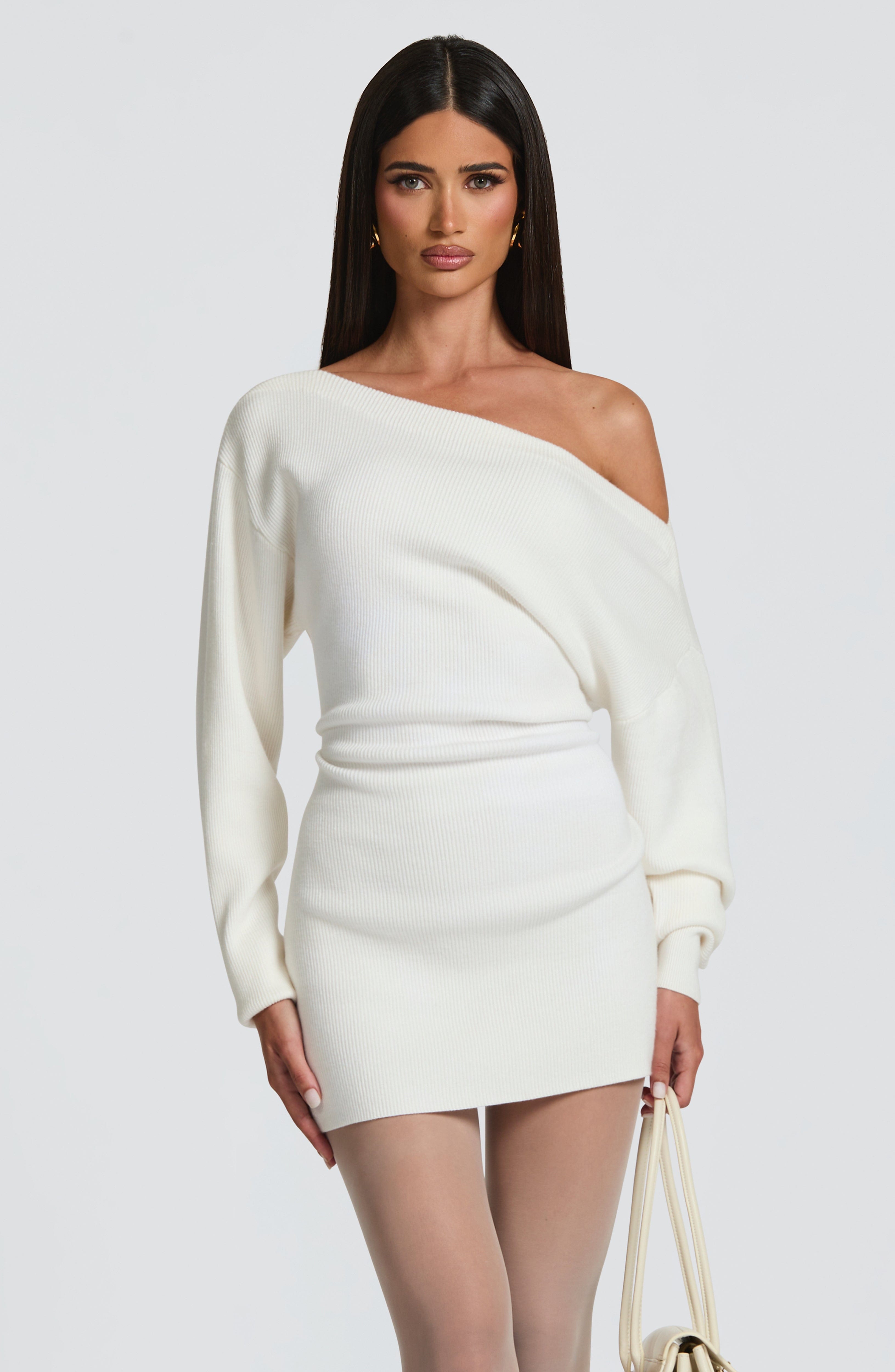 Women's Bardot Knit Mini Dress with Balloon Sleeves - 3