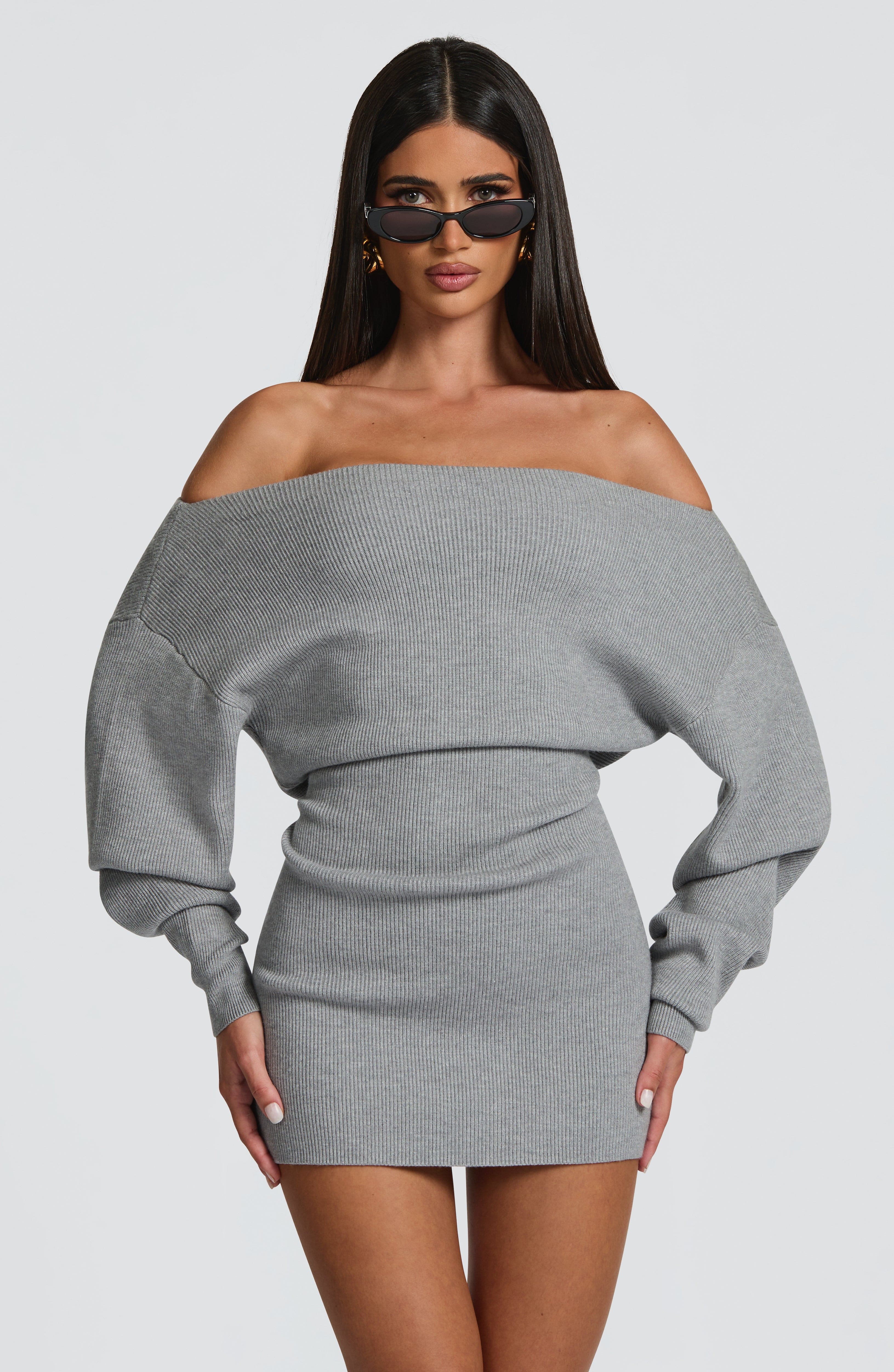 Women's Bardot Knit Mini Dress with Long Sleeves and Bodycon Fit - 7