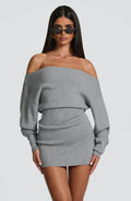 Women's Bardot Knit Mini Dress with Long Sleeves and Bodycon Fit - 2