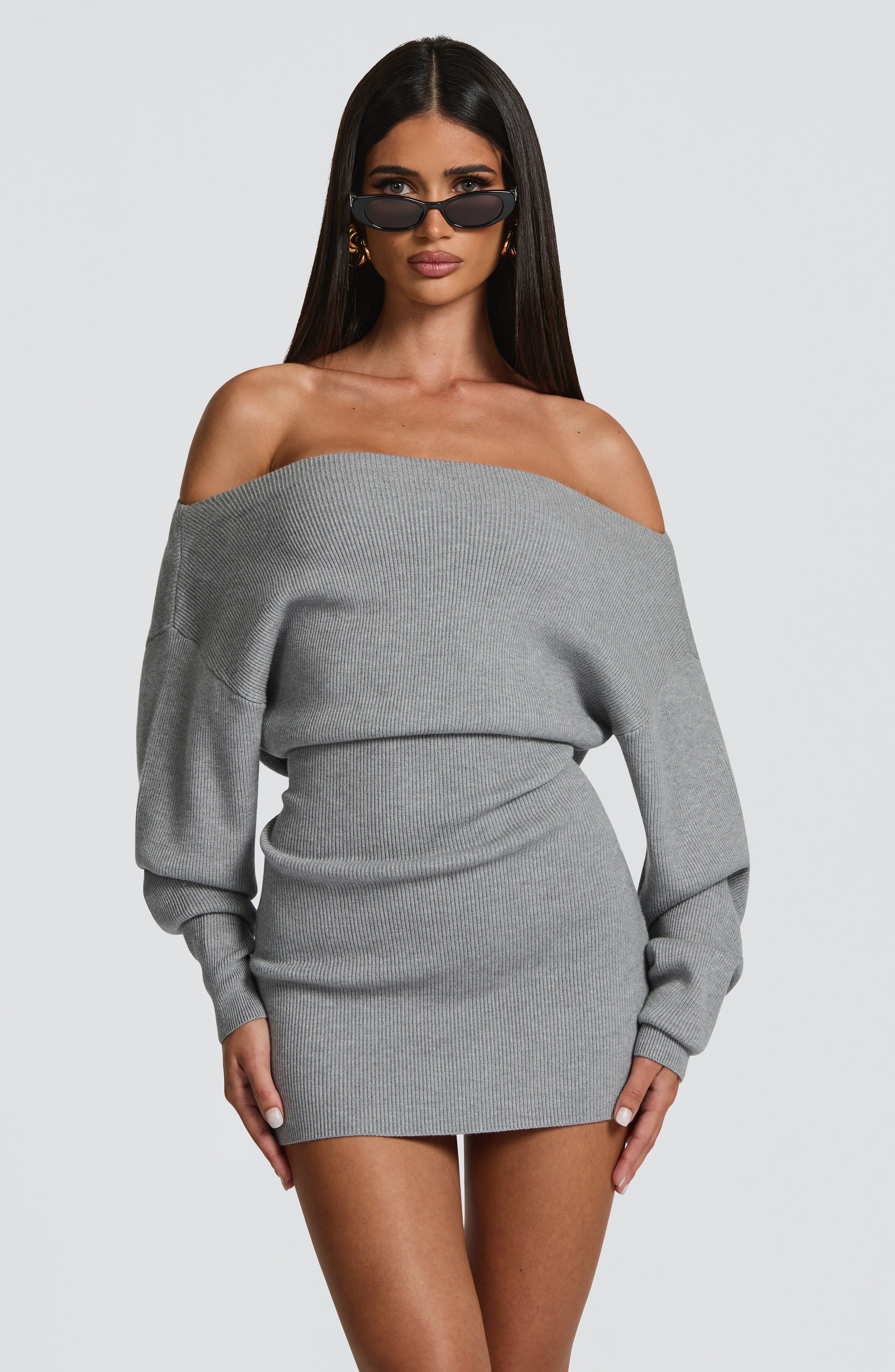 Women's Bardot Knit Mini Dress with Long Sleeves and Bodycon Fit - 2