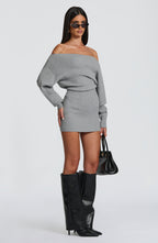 Women's Bardot Knit Mini Dress with Long Sleeves and Bodycon Fit - 5