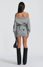Women's Bardot Knit Mini Dress with Long Sleeves and Bodycon Fit - 4