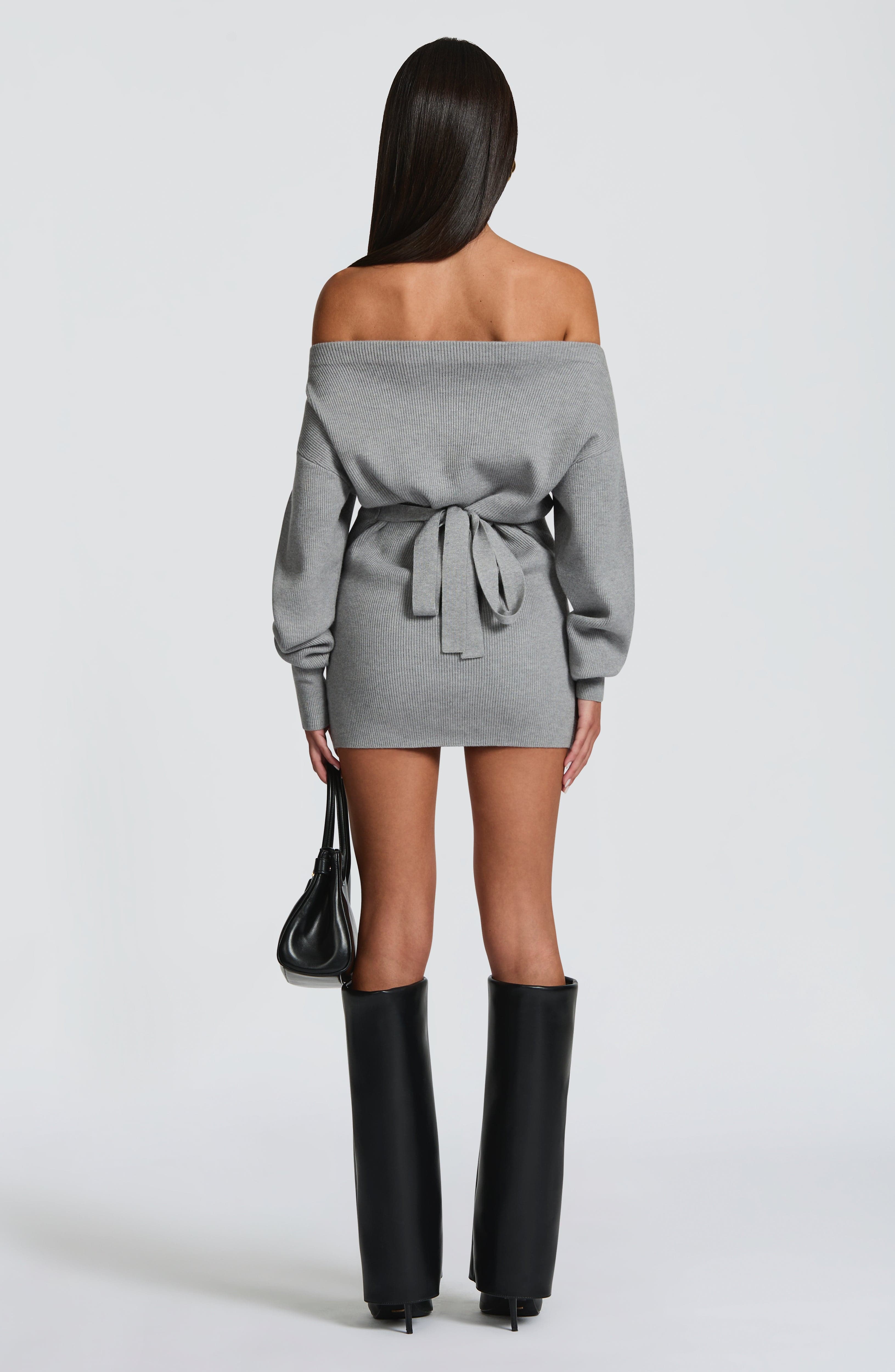 Women's Bardot Knit Mini Dress with Long Sleeves and Bodycon Fit - 4