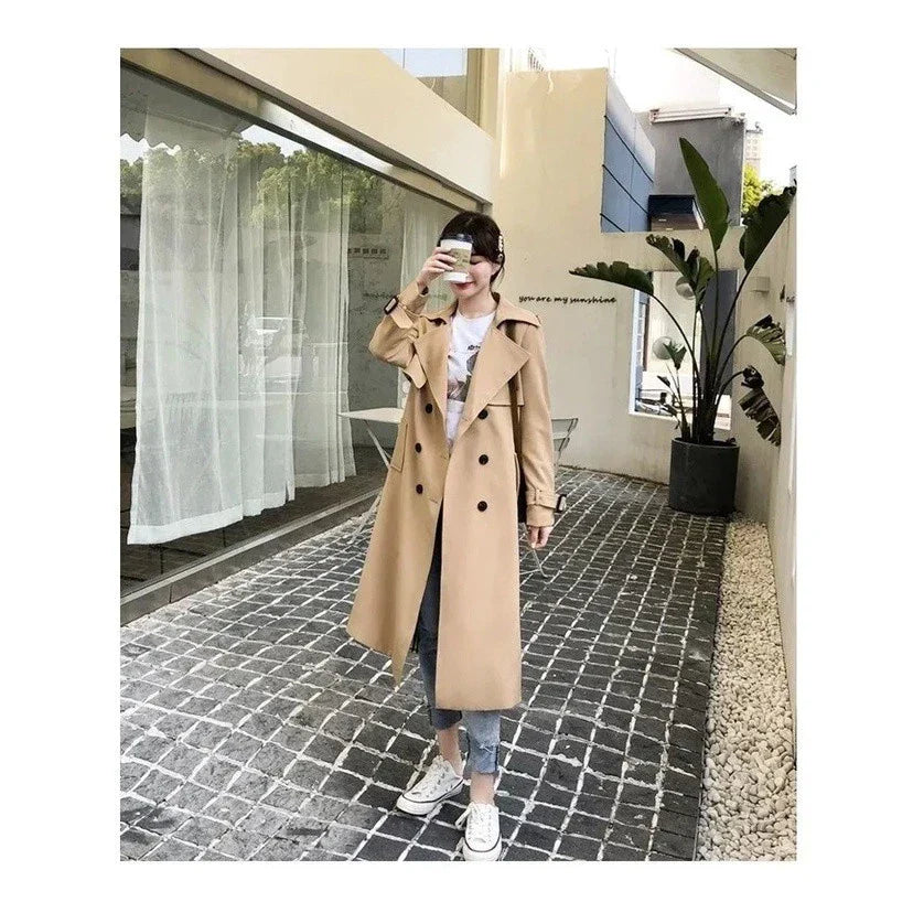 Women's Long Trench Coat with Double Button Fastening and Classic Collar - 14