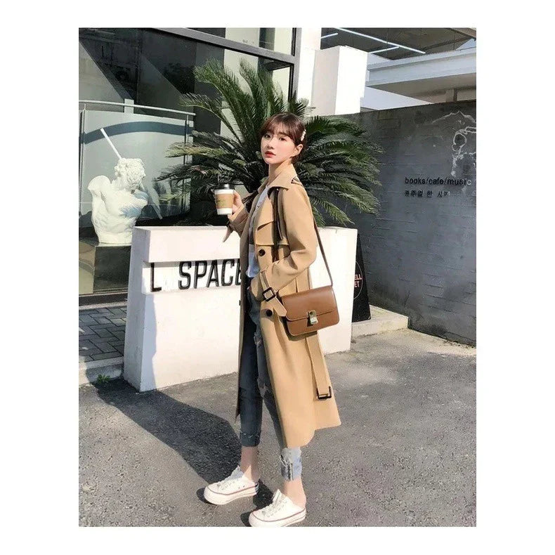 Women's Long Trench Coat with Double Button Fastening and Classic Collar - 13
