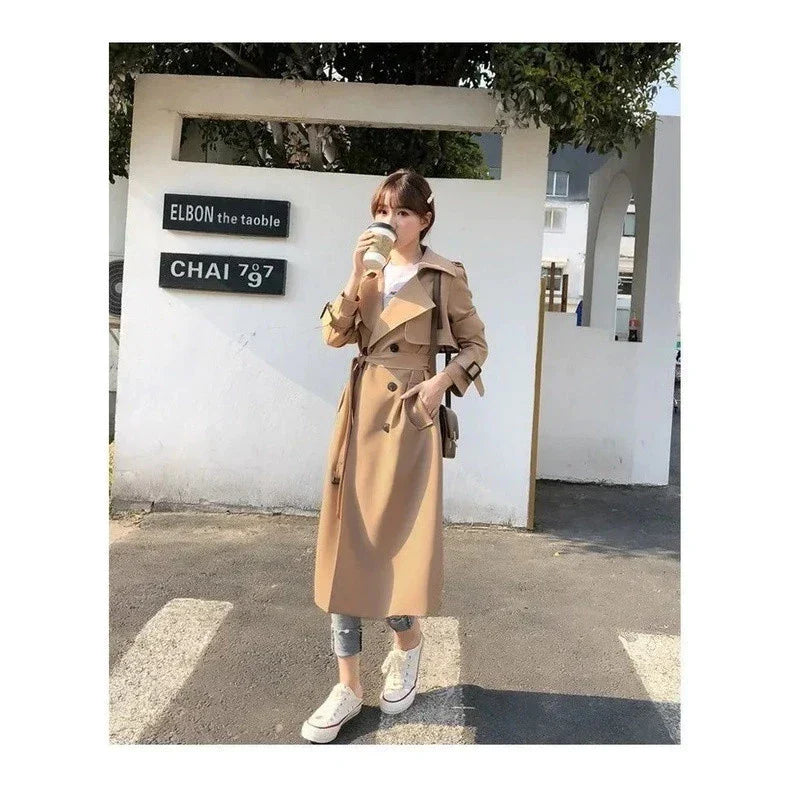 Women's Long Trench Coat with Double Button Fastening and Classic Collar - 12
