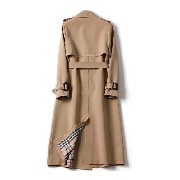 Women's Long Trench Coat with Double Button Fastening and Classic Collar - 10