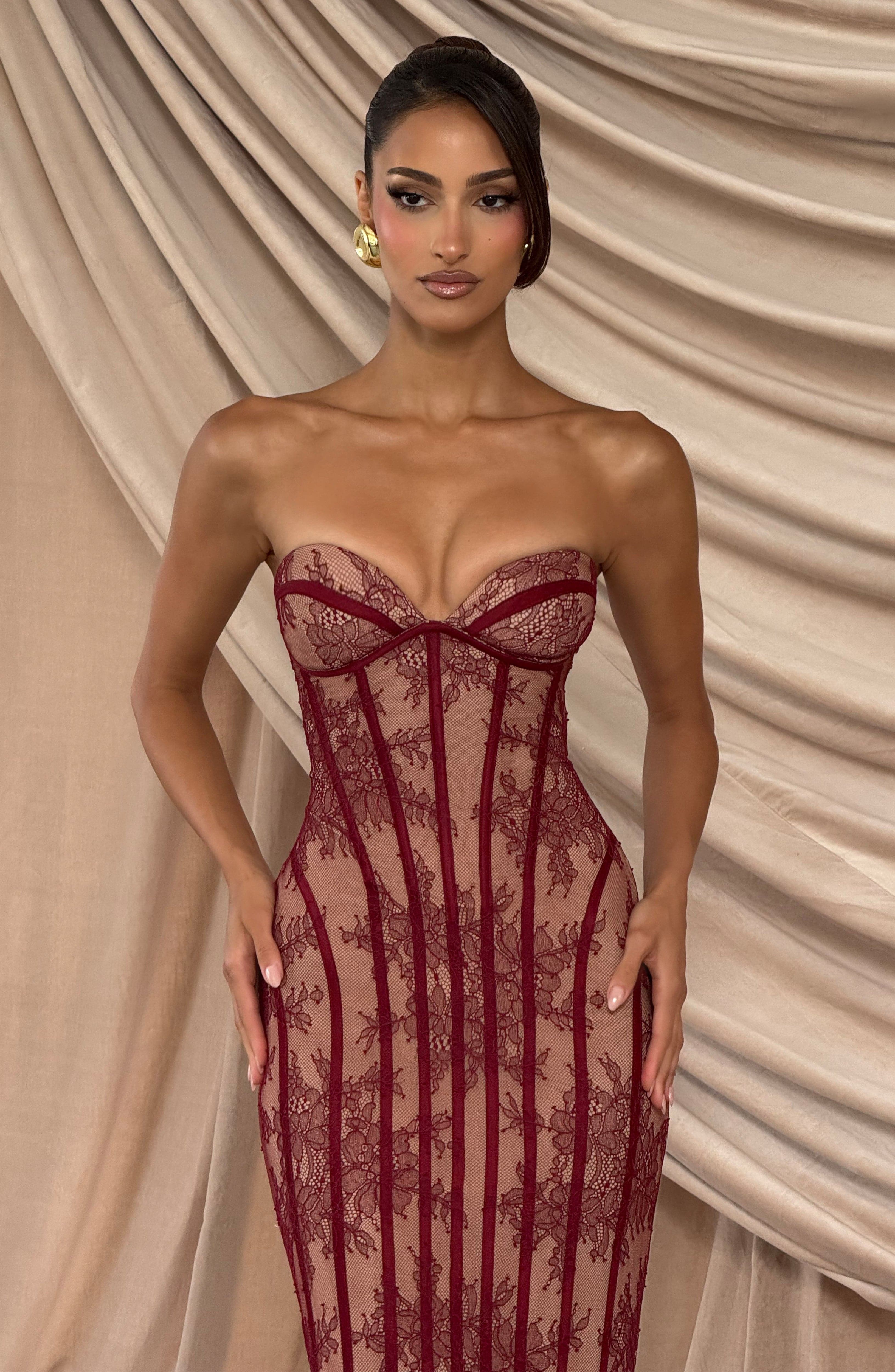 Women's Strapless Maxi Dress with Sweetheart Neckline and Corset Seaming - 11
