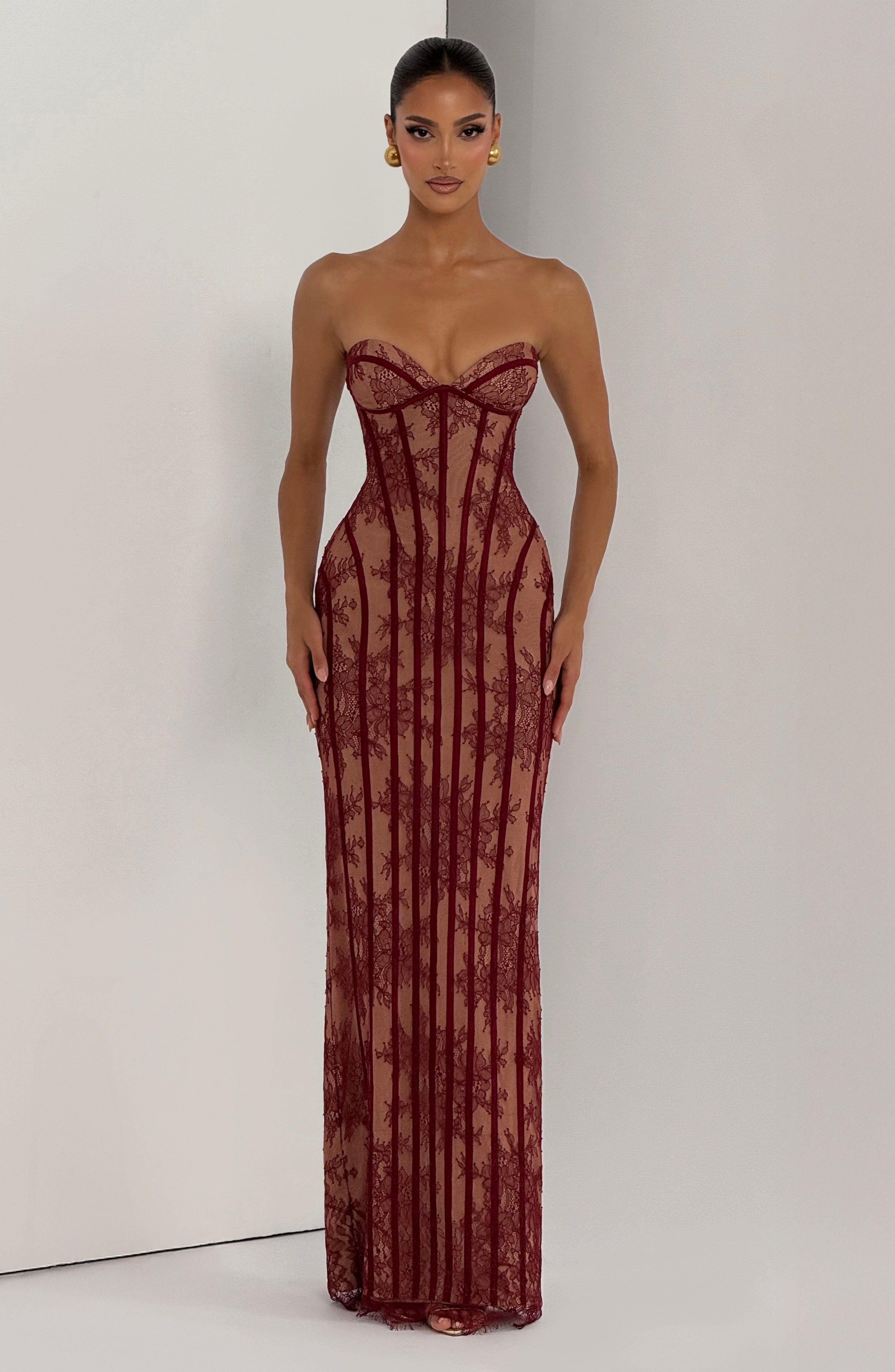 Women's Strapless Maxi Dress with Sweetheart Neckline and Corset Seaming - 13