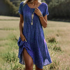 Women's Floral Print Short-Sleeve Dress with V-Neck and A-Line Cut - Blue