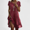 Women's Printed Dress with Round Neck and Short Sleeves - Red