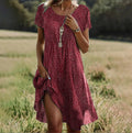 Women's Floral Print Short-Sleeve Dress with V-Neck and A-Line Cut - Red
