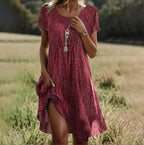 Women's Floral Print Short-Sleeve Dress with V-Neck and A-Line Cut - Red