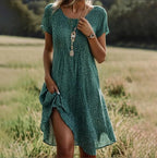 Women's Floral Print Short-Sleeve Dress with V-Neck and A-Line Cut - Green