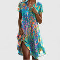 Women's Printed Dress with Round Neck and Short Sleeves - Multi-Colour