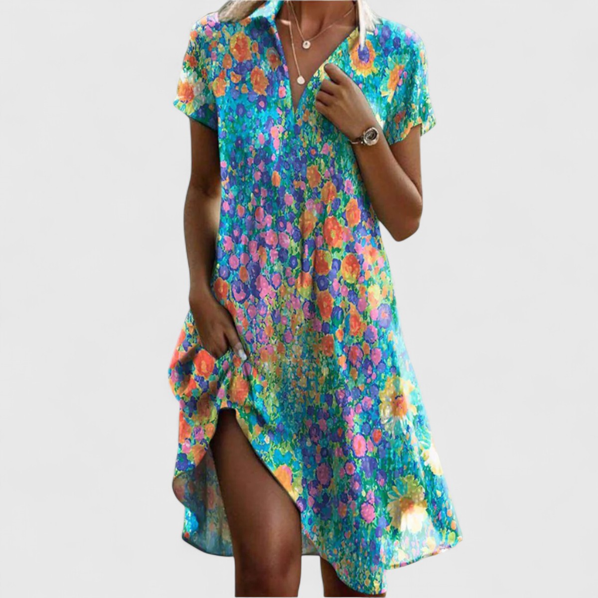 Women's Printed Dress with Round Neck and Short Sleeves - Multi-Colour