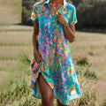 Women's Floral Print Short-Sleeve Dress with V-Neck and A-Line Cut - Multicolor