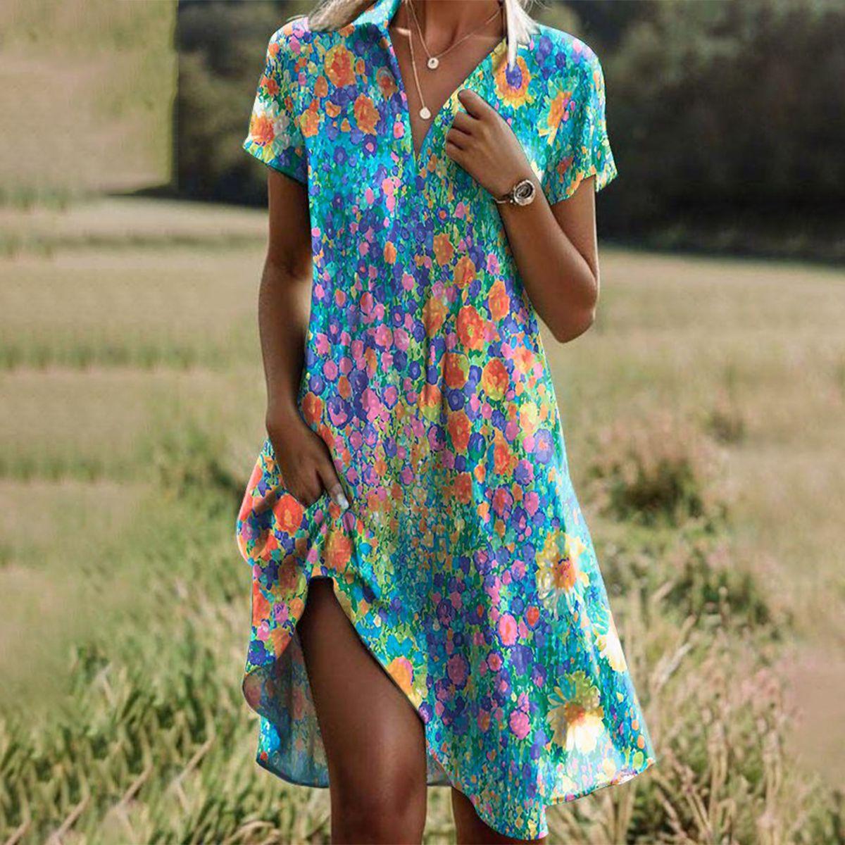 Women's Floral Print Short-Sleeve Dress with V-Neck and A-Line Cut - Multicolor
