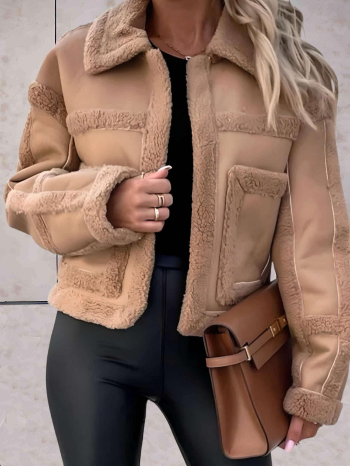 Women's Faux Shearling Aviator Jacket with Notch Collar - Camel