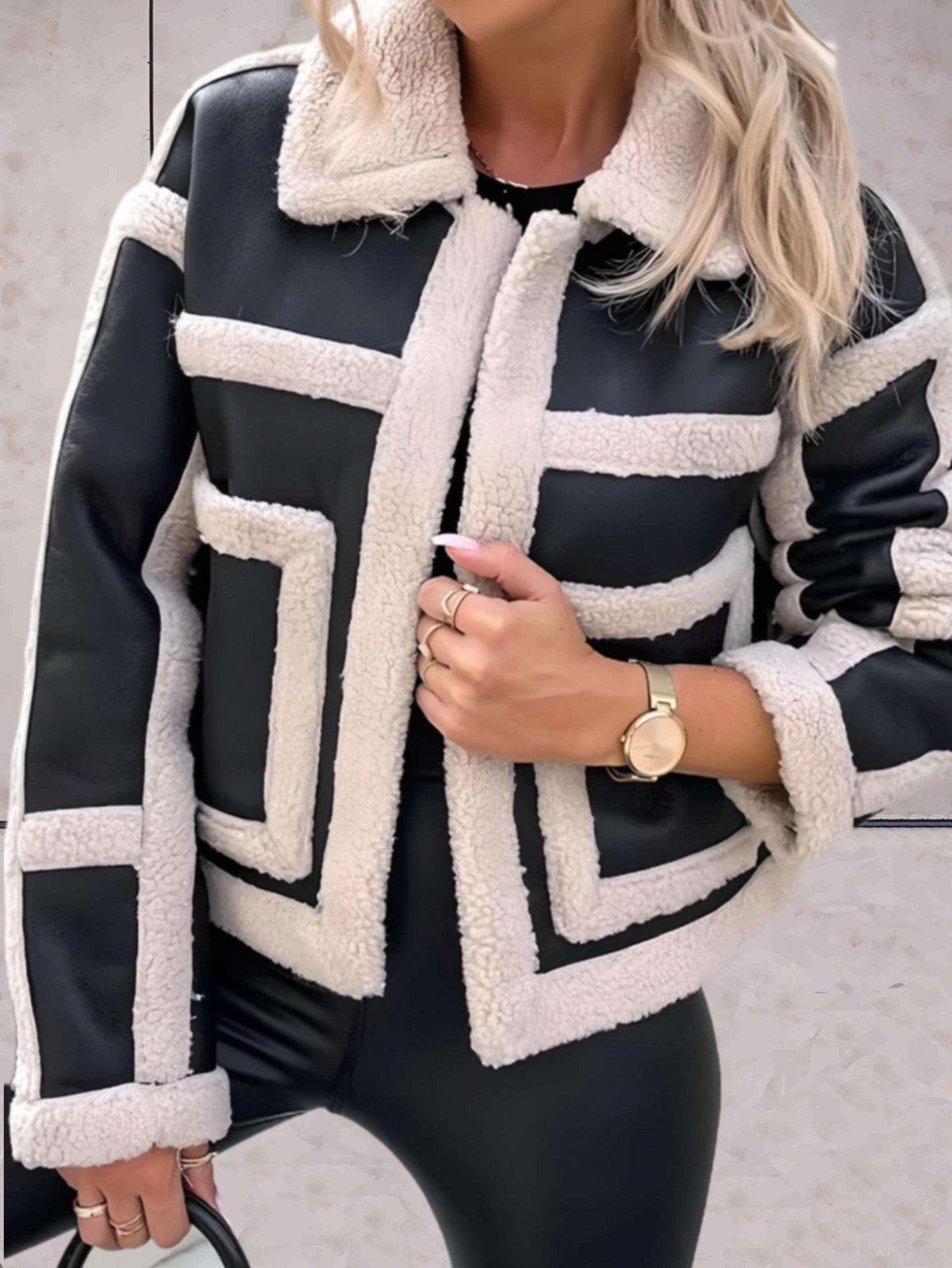 Women's Faux Shearling Aviator Jacket with Notch Collar - Black