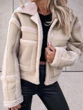 Women's Faux Shearling Aviator Jacket with Notch Collar - Beige