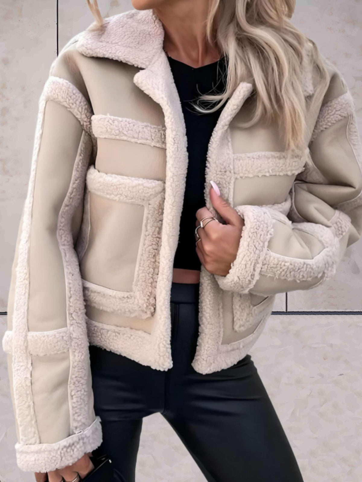 Women's Faux Shearling Aviator Jacket with Notch Collar - Beige