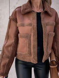 Women's Faux Shearling Aviator Jacket with Notch Collar - Dark Brown