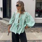 Women's Striped Blouse with Puff Sleeves and Tie Front - 4