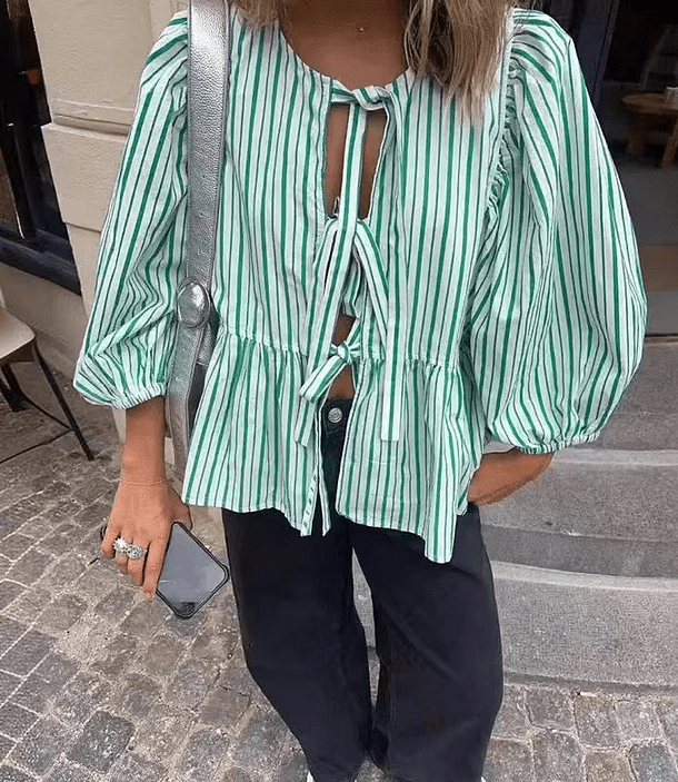 Women's Striped Blouse with Puff Sleeves and Tie Front - 2