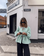 Women's Striped Blouse with Puff Sleeves and Tie Front - 3