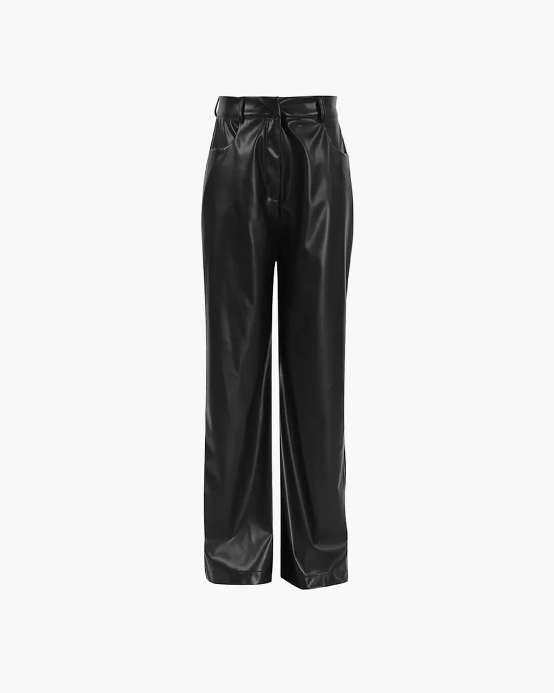 Women's Wide Leg Faux Leather Trousers with High Waist - 2