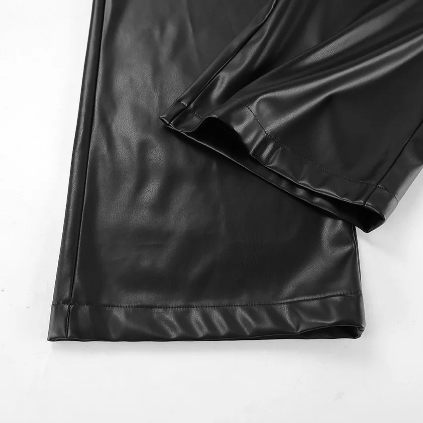 Women's Wide Leg Faux Leather Trousers with High Waist - 10