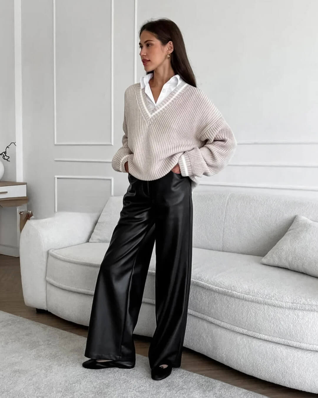 Women's Wide Leg Faux Leather Trousers with High Waist - 5