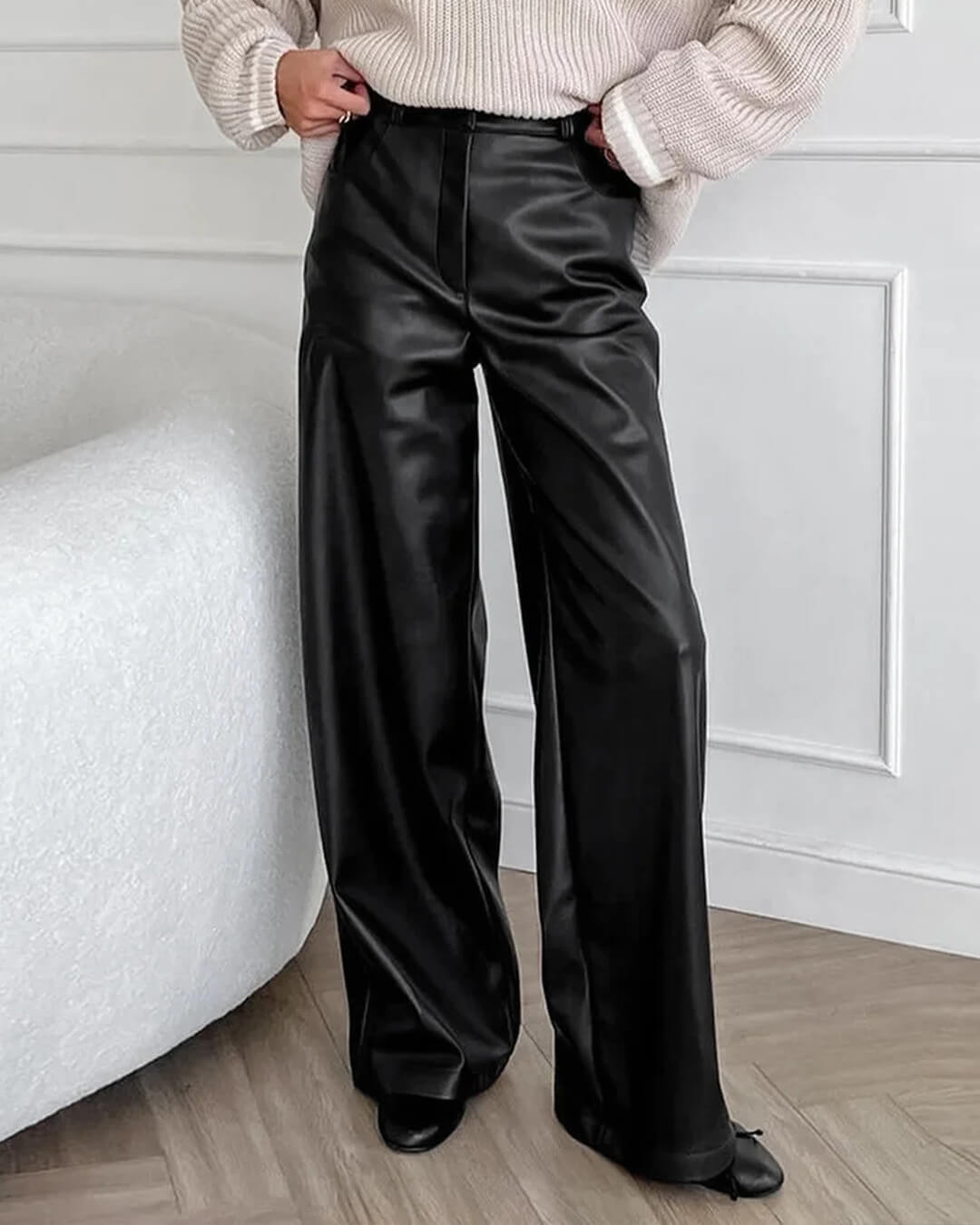 Women's Wide Leg Faux Leather Trousers with High Waist - 3