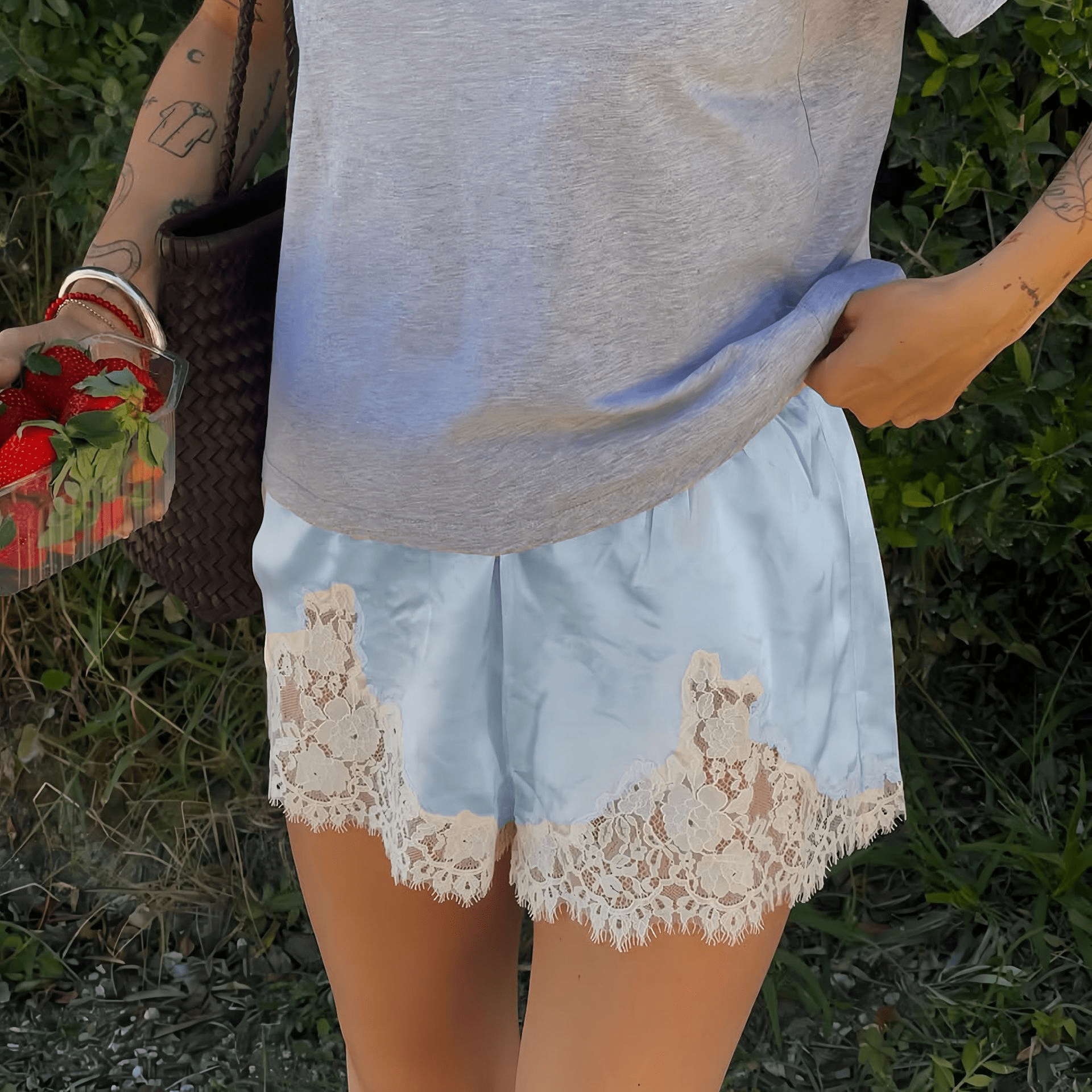 Satin Lace-Trim Shorts - Light Blue