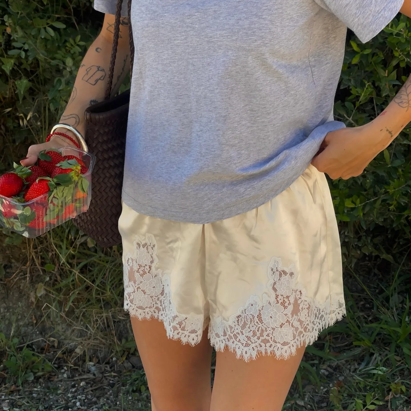 Satin Lace-Trim Shorts - Yellow