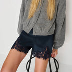 Satin Lace-Trim Shorts - Navy Blue
