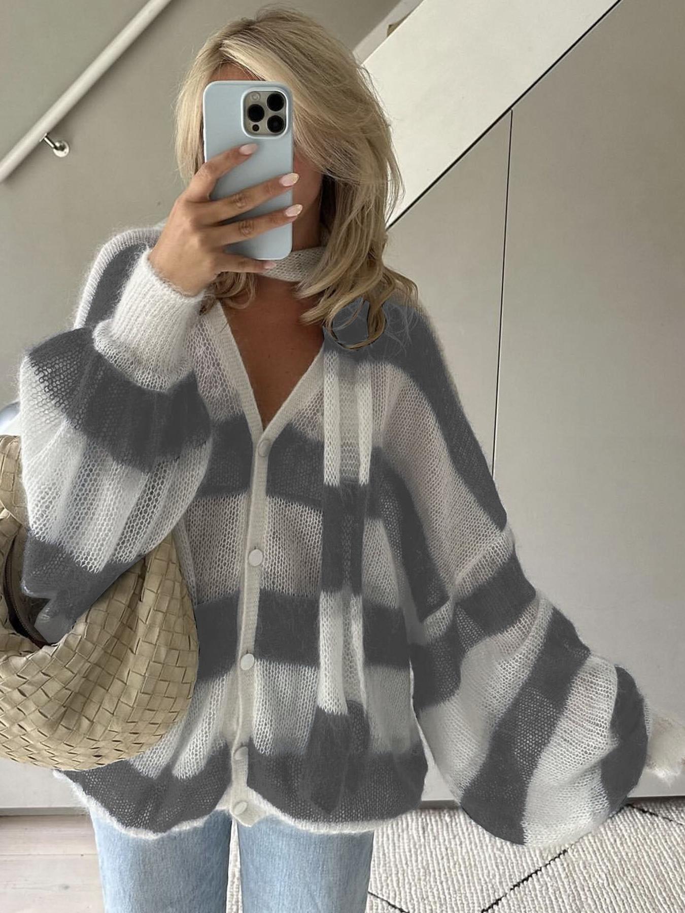 Women's Loose Striped Cardigan with V-Neck and Button Front - Grey